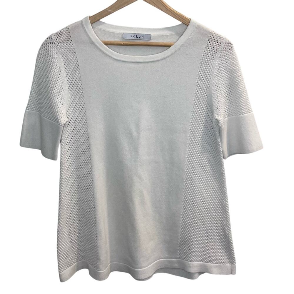 Kokun Women's White Short Sleeve Crew Neck Sweater‎ Size XS Mesh Panel Details